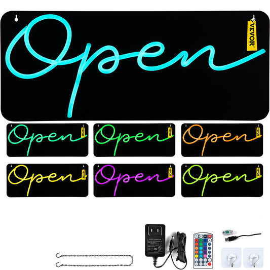 VEVOR LED Open Sign, 22" x 9" Neon Open Sign for Business, Multiple Flashing and Color Modes Neon Lights Signs with Remote Control and Power Adapter, for Restaurant, Shop, Hotel, Window, Wall