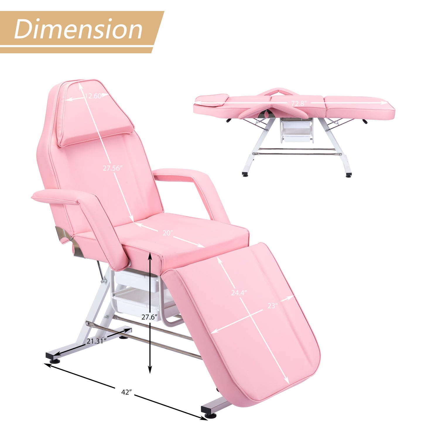 Massage Salon Tattoo Chair with Two Trays Esthetician Bed with Hydraulic Stool,Multi-Purpose 3-Section Facial Bed Table, Adjustable Beauty Barber Spa Beauty Equipment, Pink