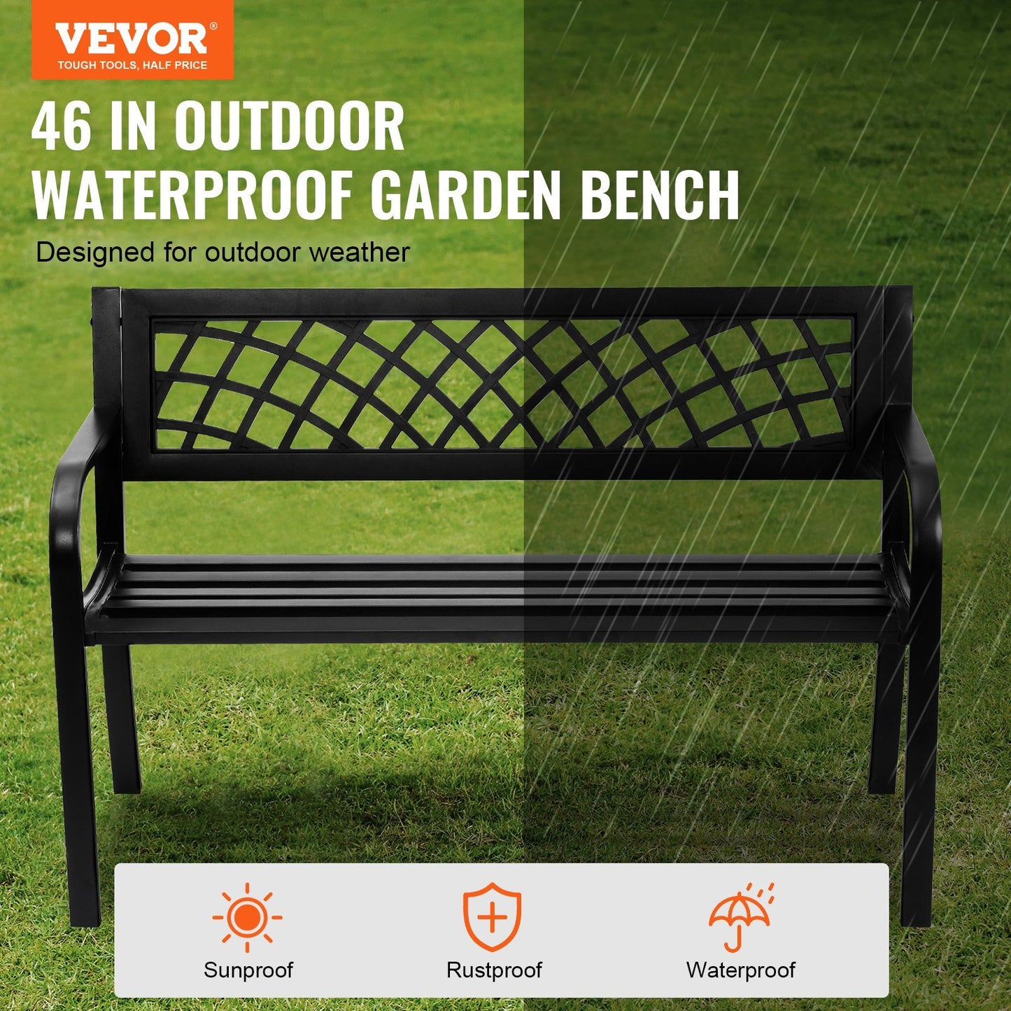 VEVOR Outdoor Bench,46 inches Metal Garden Bench for Outdoors, 480 lbs Load Capacity Bench, Outdoor Garden Park Bench with Backrest and Armrests, Patio Bench for Garden, Park, Yard, Front Porch