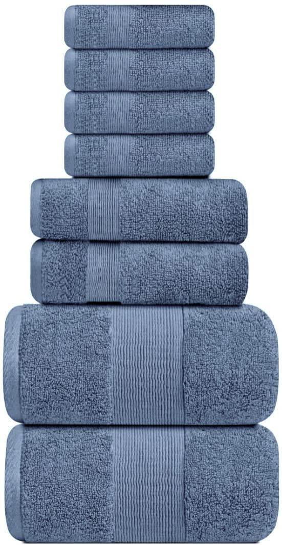 Resort Collection Soft Bath Towel 8-Piece Set Luxury Hotel Plush Absorbent Cotton 2 Bath Towels 2 Hand Towels and 4 Washcloths Blue