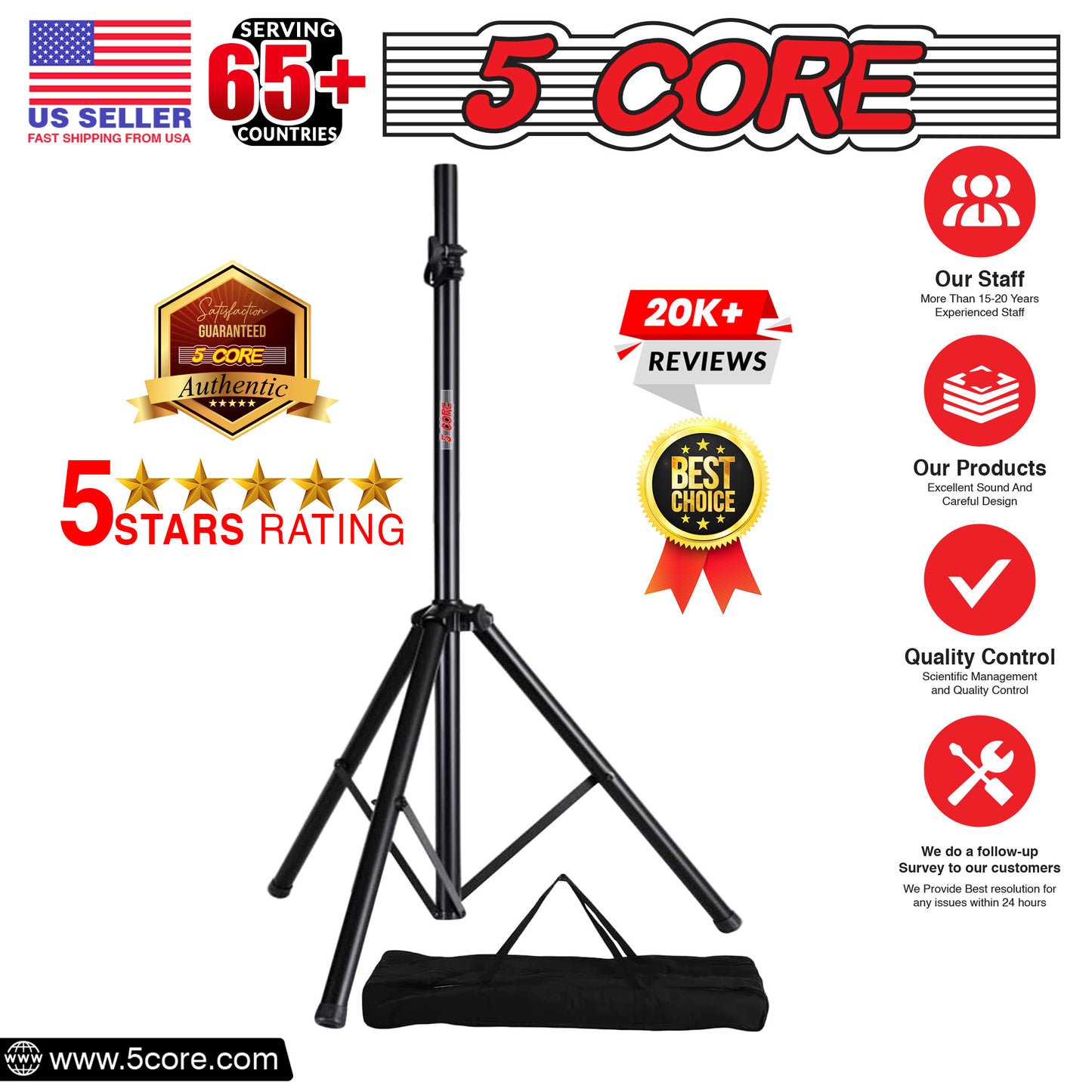 5 Core Speaker Stand Tripod Pair Tall Height Adjustable Heavy Duty DJ Light Floor Stands Universal 35mm Pole Mount PA Studio Monitor Large Subwoofer Support - - SS HD 2PK BLK BAG