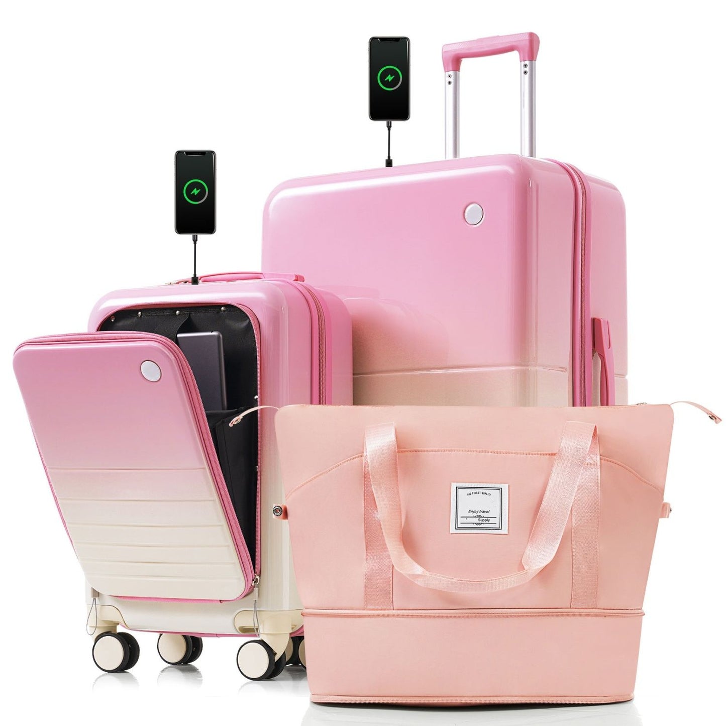 3-Piece Luggage Set with 20" Front-Opening Carry-On, 28" Suitcase, and Expandable Travel Bag, pink