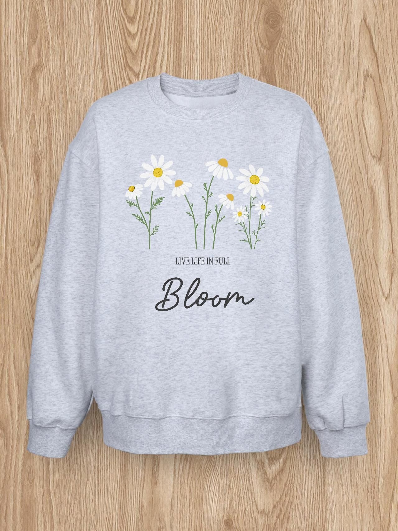 Women Basic Casual Pullover Spring Autumn Long Sleeve Daisy Letters Printed Round Neck