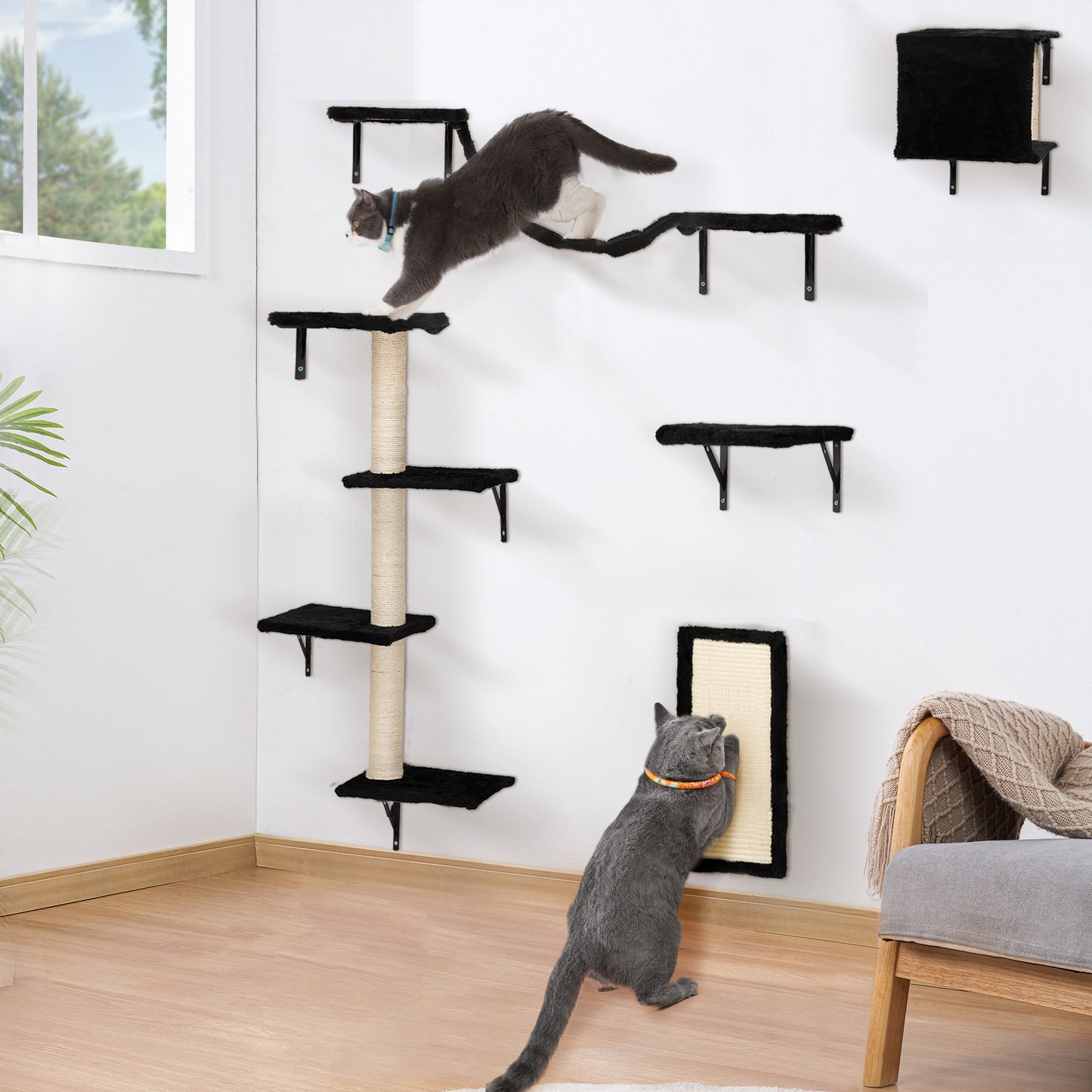 5 Pcs Wall Mounted Cat Climber Set;  Floating Cat Shelves and Perches;  Cat Activity Tree with Scratching Posts;  Modern Cat Furniture