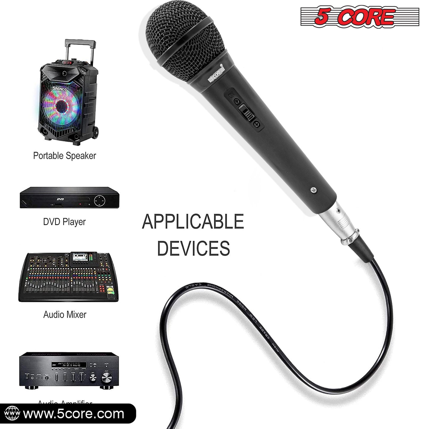 5 Core Microphone Pair XLR Dynamic Mic Karaoke Singing Handheld Microfono Wired Professional Unidirectional 1/4 Plug In Cord Connection for Vocal DJ Music - PM 1O1 BLK