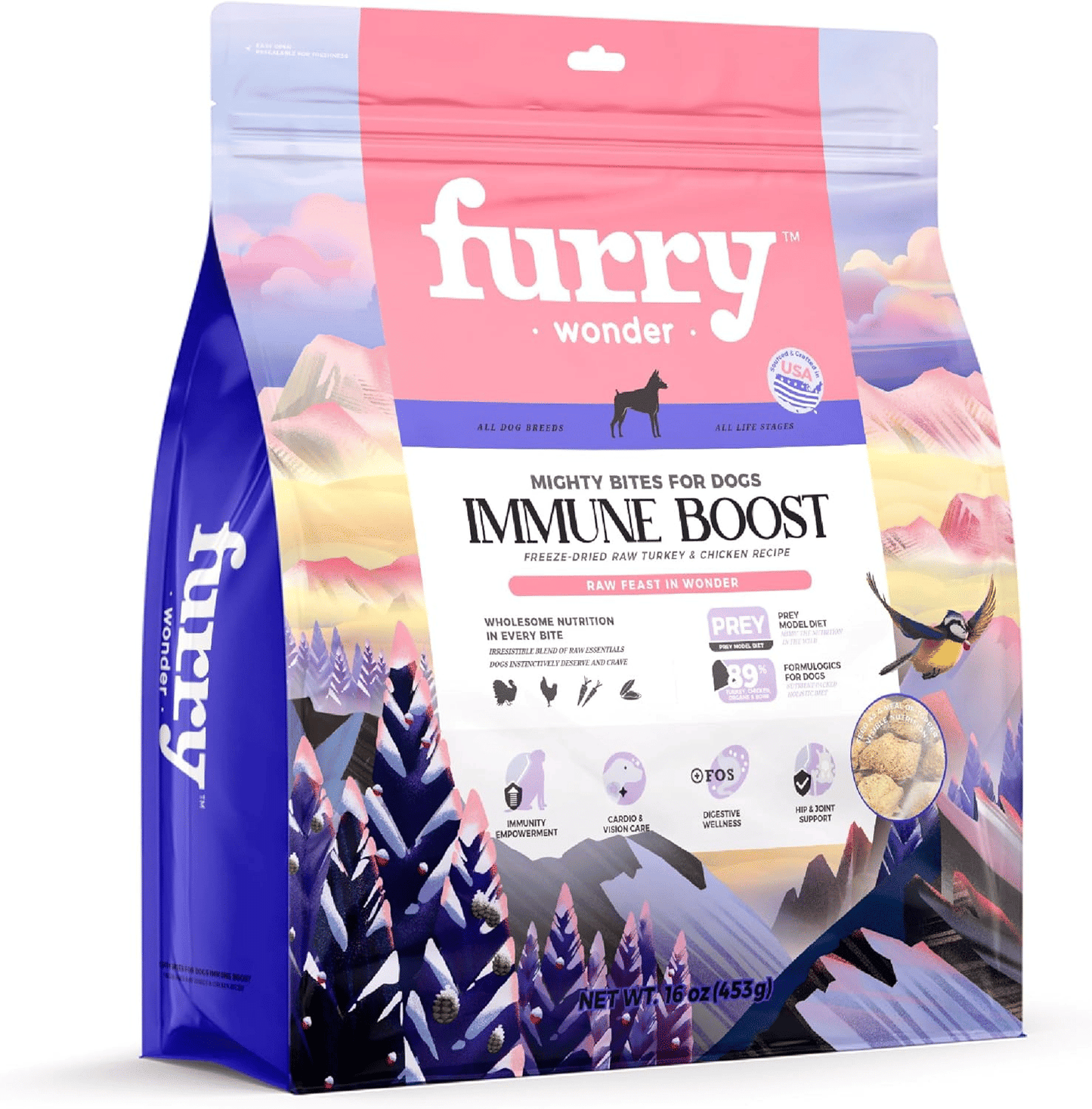 FURRY WONDER Freeze Dried Dog Food, Turkey & Chicken, 16 oz, Grain-Free, High Protein, Complete Meal or Topper, Immune Boost, USA Made