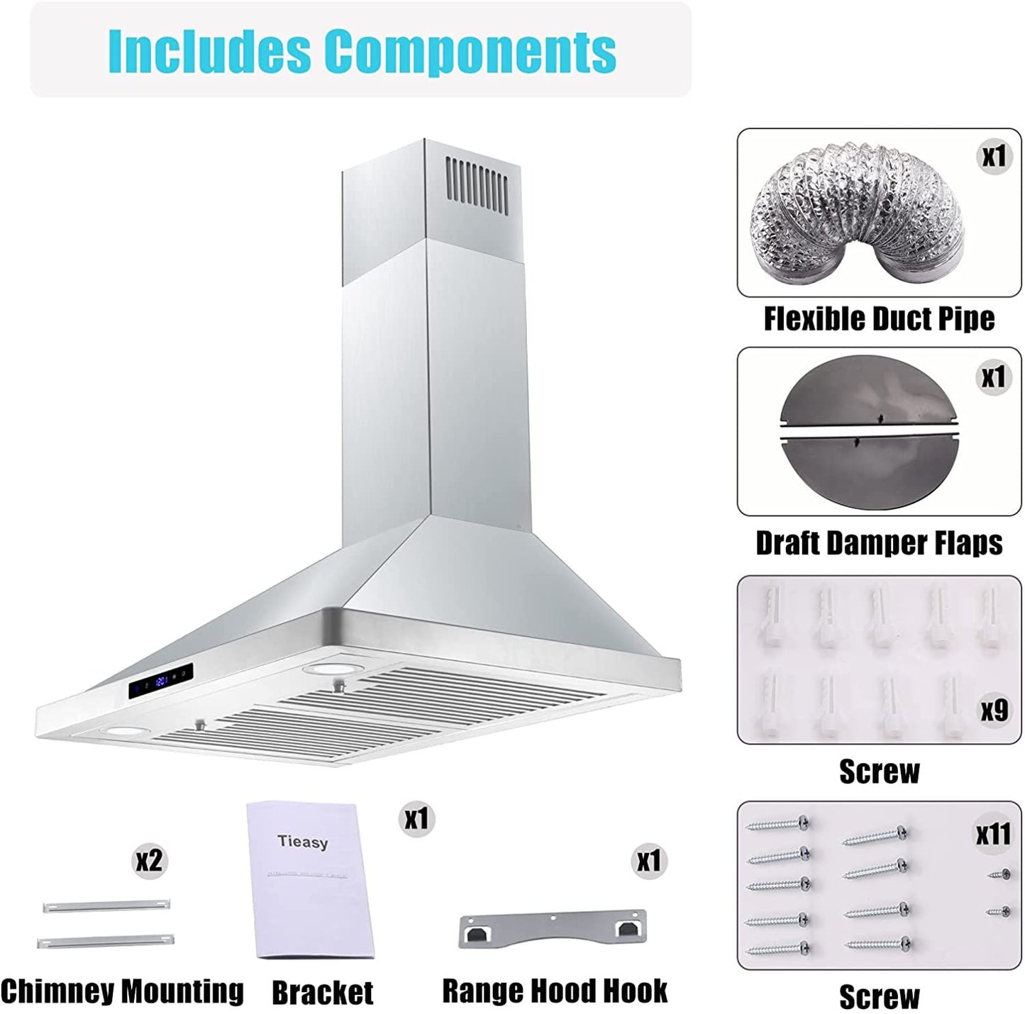 30/36 inch Range Hood 700CFM Wall Mount Stainless Steel Touch Control 3-speed Stove Vent