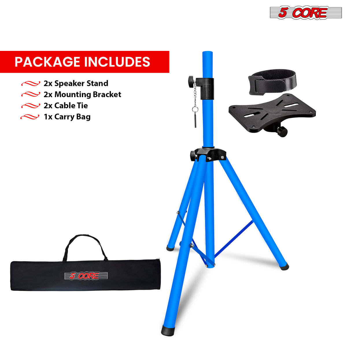5 Core Speaker Stand Tripod Floor Adjustable Up to 48 Inch DJ Studio Monitor Stands Pole Mount Pair - SS HD 2PK SKY BLU 4FT BAG