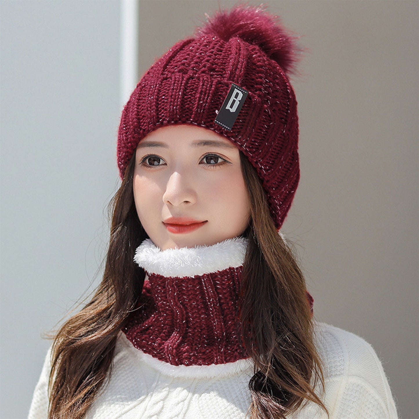 Winter Beanie Hat Scarf Set Women Warm Knitting Skull Cap