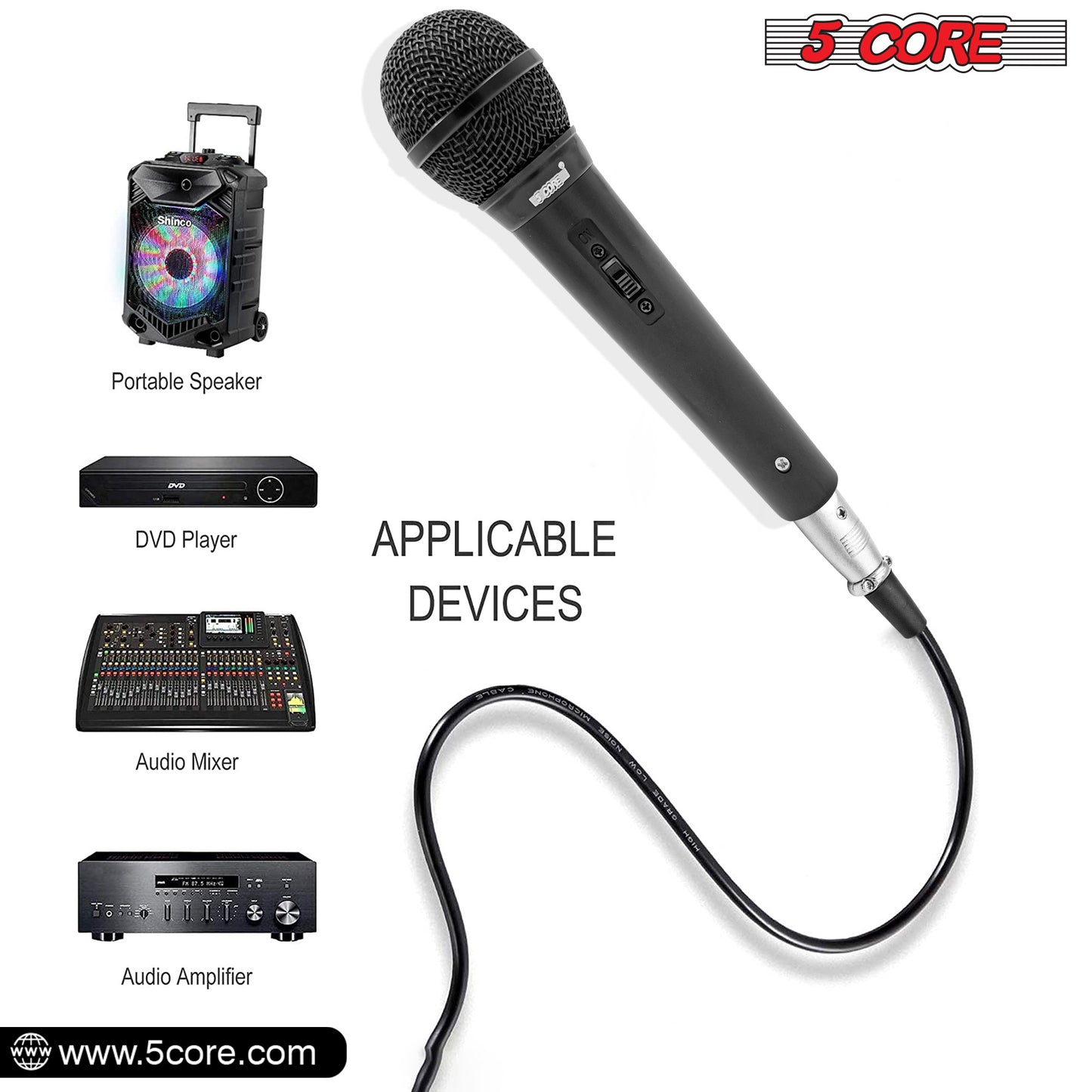 5 Core Microphone Pair XLR Dynamic Mic Karaoke Singing Handheld Microfono Wired Professional Unidirectional 1/4 Plug In Cord Connection for Vocal DJ Music - PM 1O1 BLK