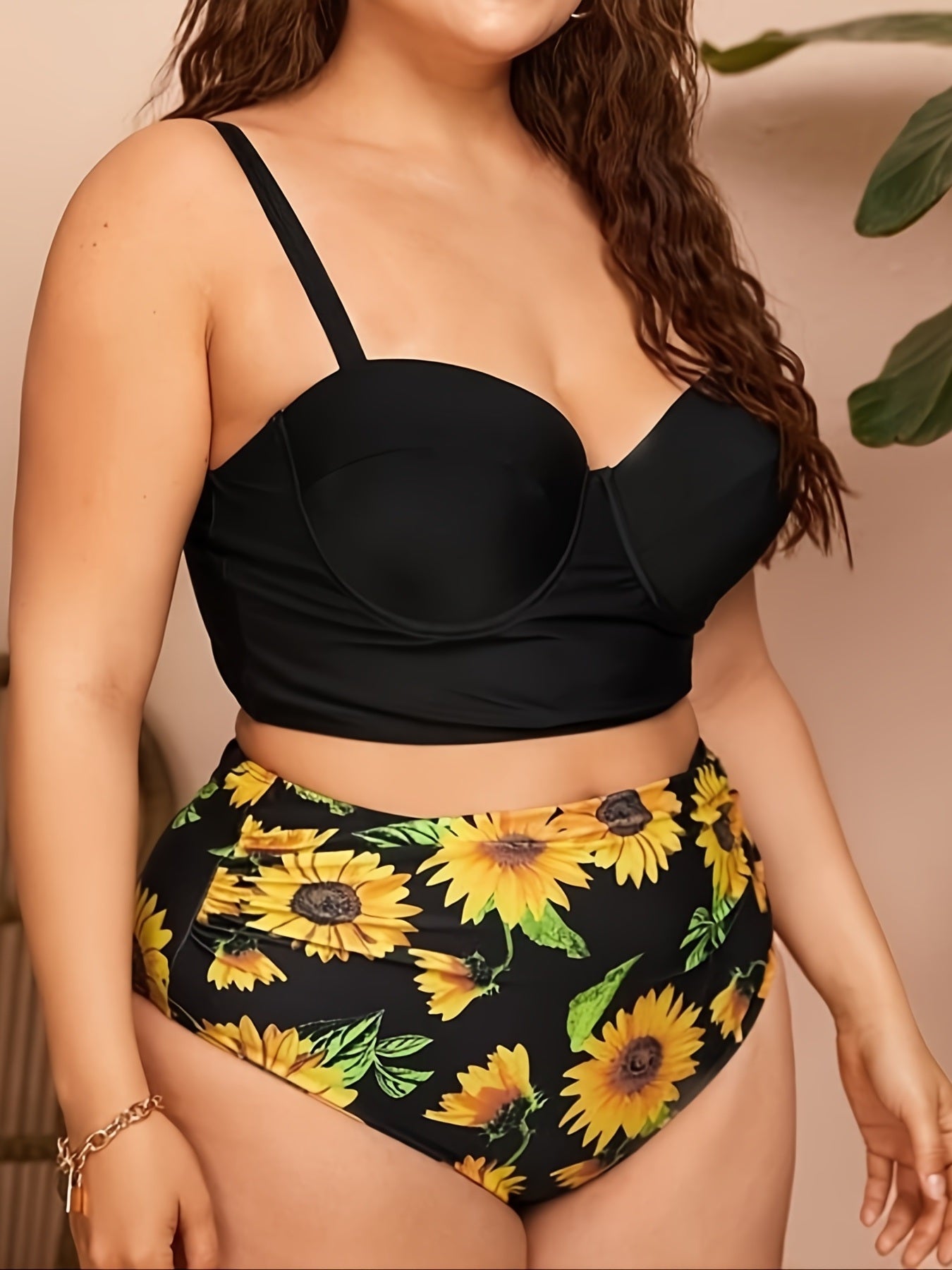 Plus Size Solid Cami Top & Sunflower Print Pants Swimsuit Set; Women's Plus High Stretch 2pcs Swimsuit Set