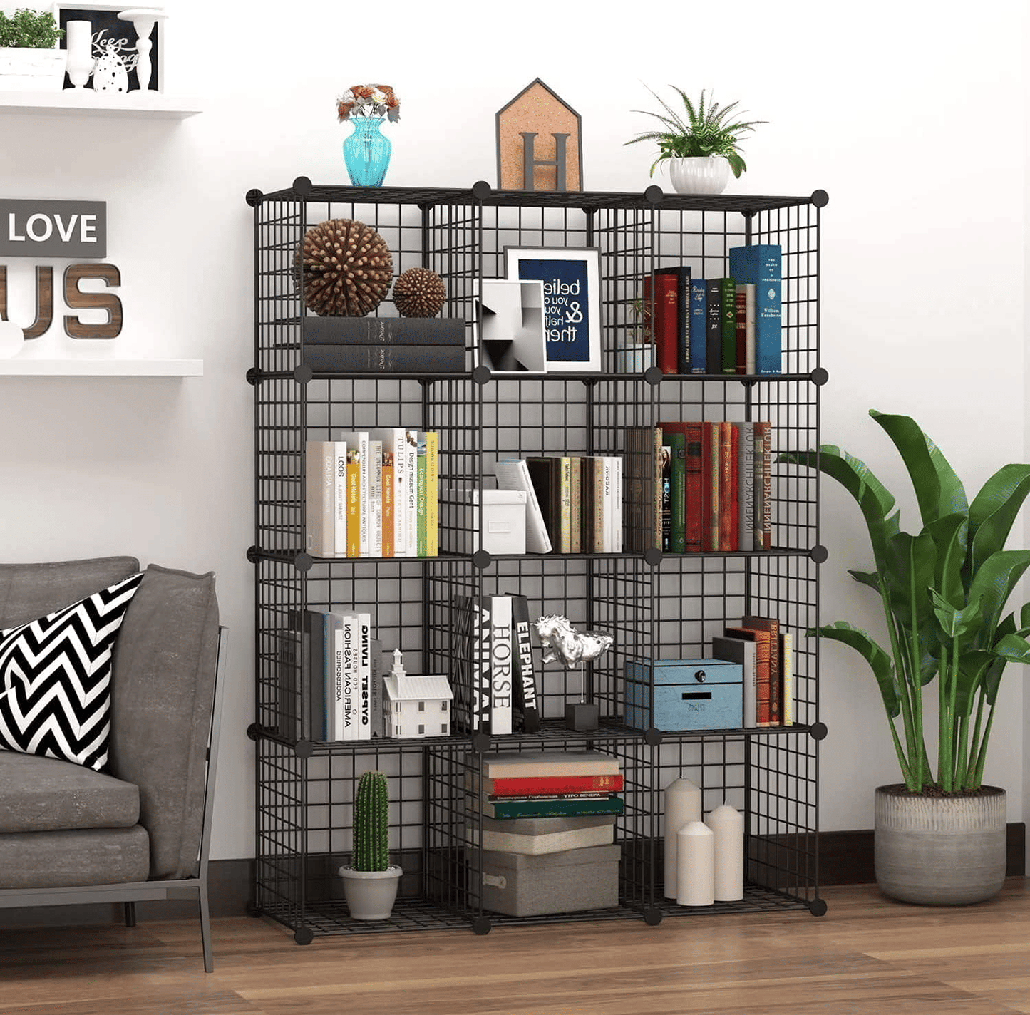 Cube Storage Organizer, Book/Toy/Craft/Potted Plants and petCloset Organizers and Storage Shelves, 6 Cube Freely Combinable Metal Grids Storage Shelf,Black Iron