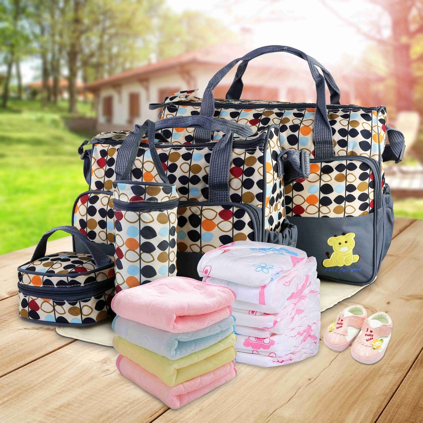 5PCS Baby Nappy Diaper Bags Set Mummy Diaper Shoulder Bags w/ Nappy Changing Pad Insulated Pockets Travel Tote Bags