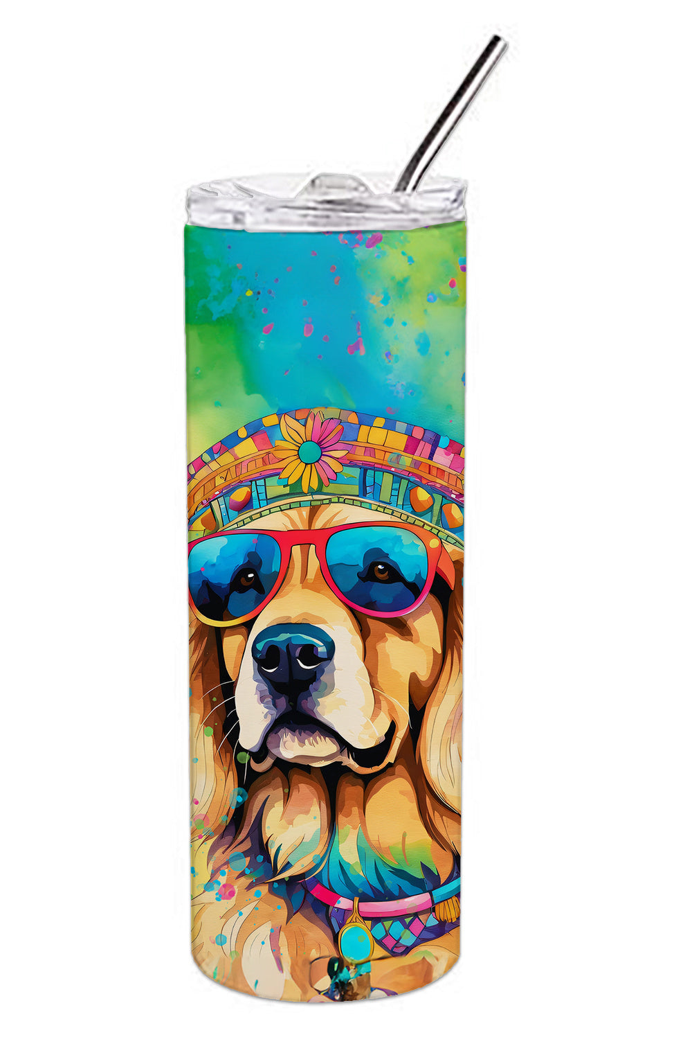 Golden Retriever Hippie Dawg Stainless Steel Skinny Tumbler Vacuum Double Walled Reusable Insulated Tumbler Travel Cup for Coffee Cocktails Gift with Lid, 20 oz