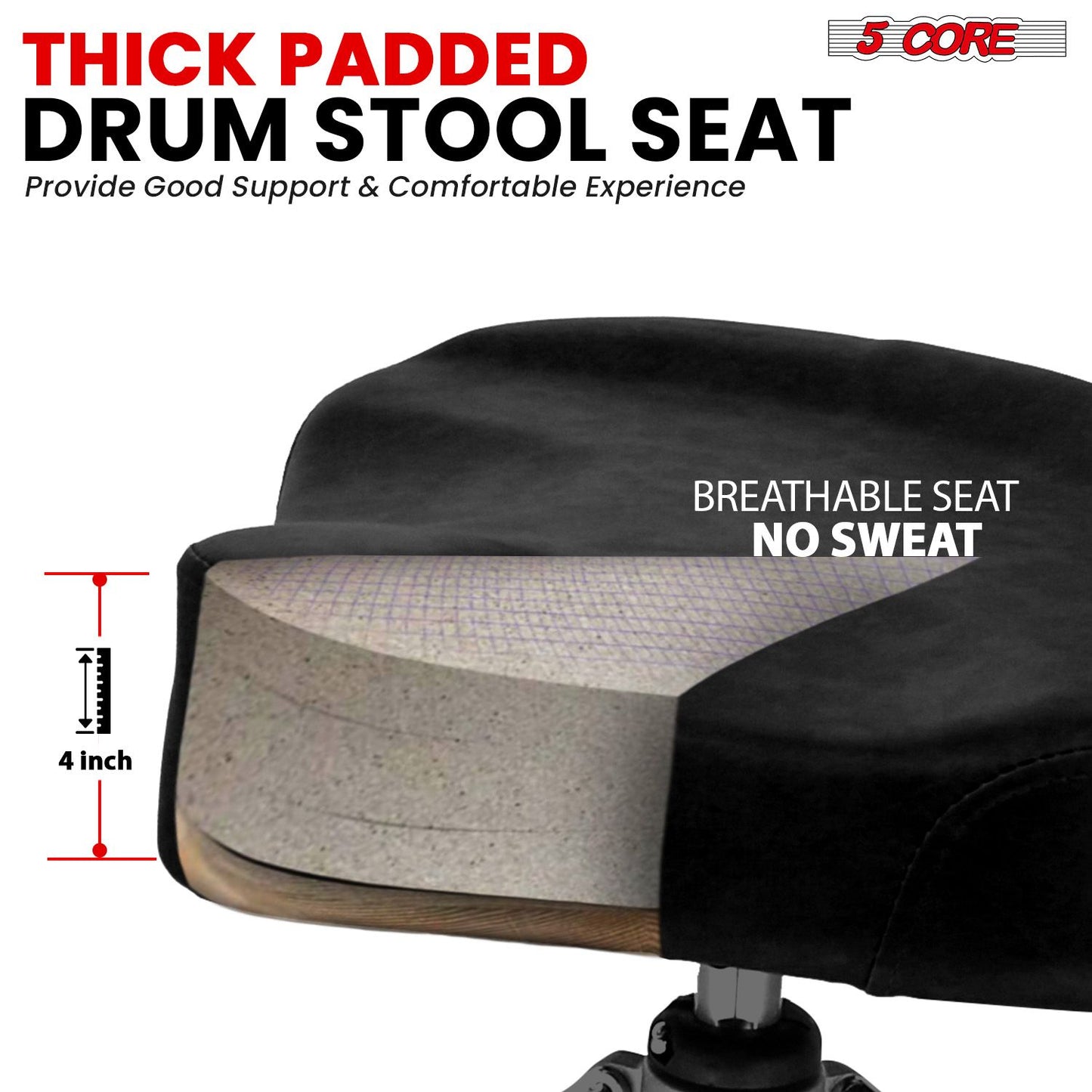 5 CORE Drum Throne with Backrest Thick Padded Adjustable Guitar Stool Motorcycle Style Saddle Music Chair Seat for Adult Drummers - DS CH BLK REST-LVR