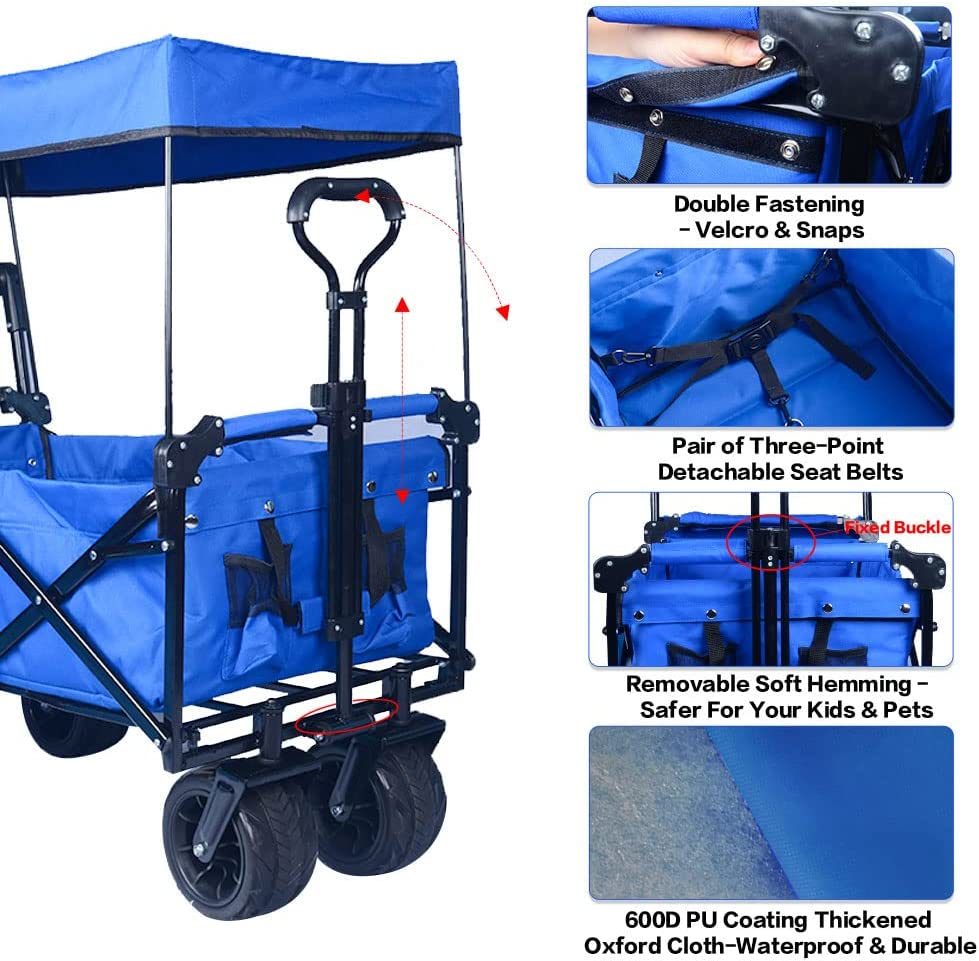 Collapsible Wagon Heavy Duty Folding Wagon Cart with Removable Canopy, 4" Wide Large All Terrain Wheels, Brake, Adjustable Handles,Cooler Bag Utility Carts for Outdoor Garden Beach