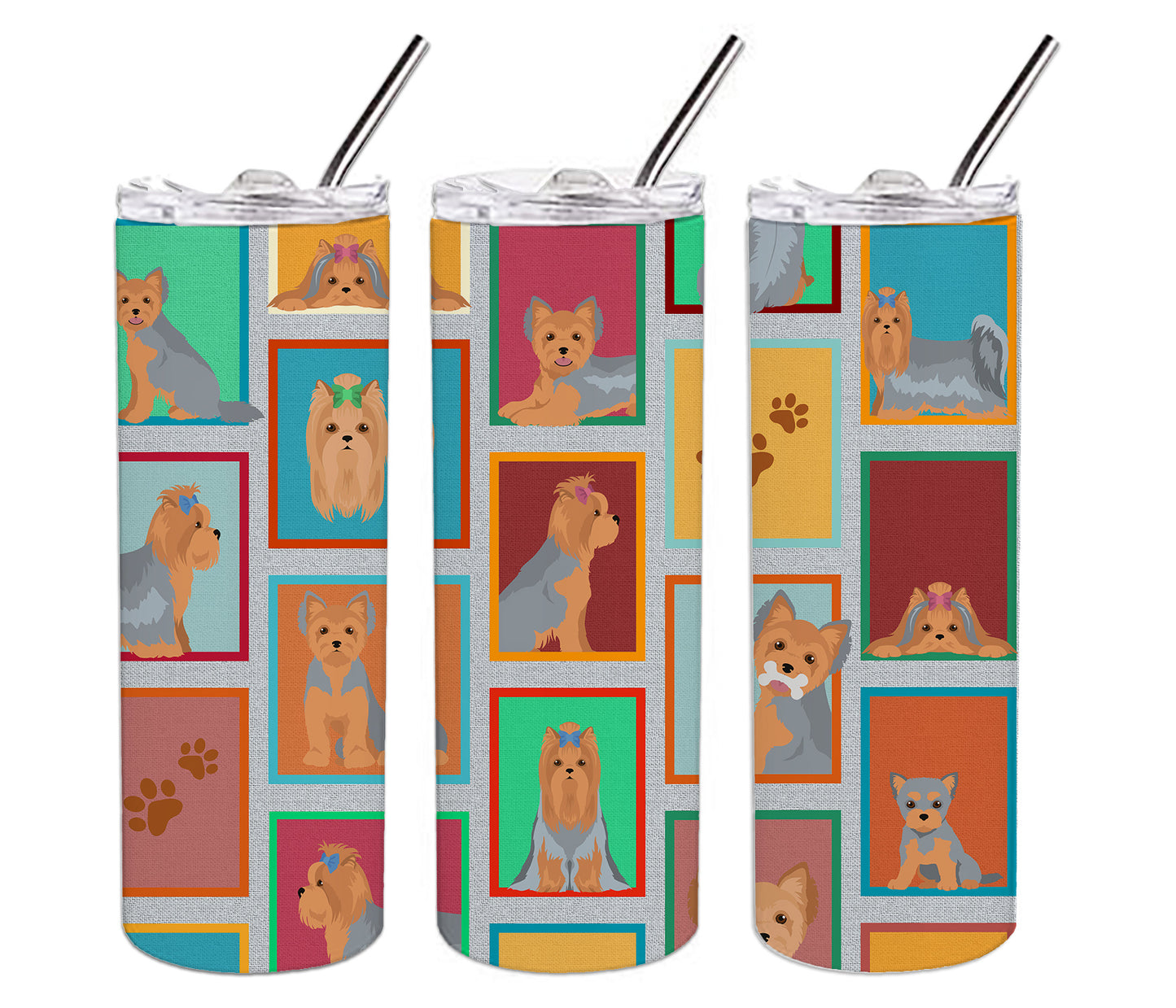 Lots of Blue and Tan Yorkie Stainless Steel Skinny Tumbler Vacuum Double Walled Reusable Insulated Tumbler Travel Cup for Coffee Cocktails Gift with Lid, 20 oz