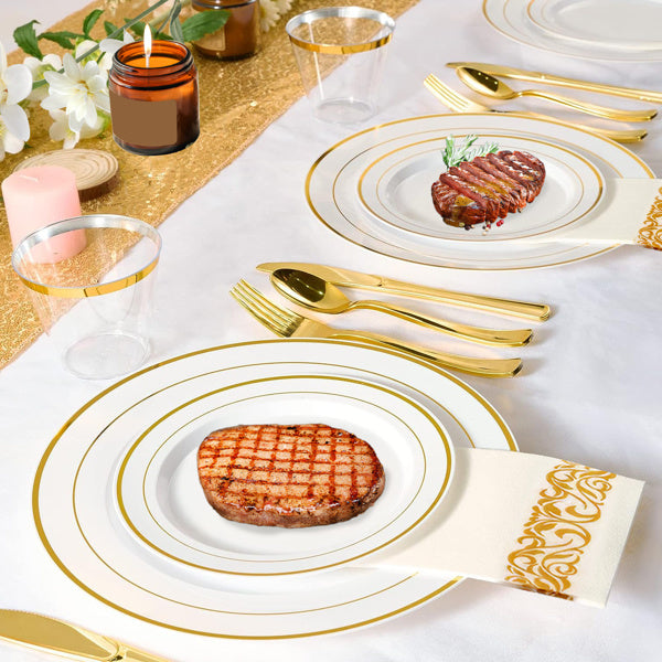 175Pcs Disposable Gold Dinnerware Set Gold Rim Plastic Plates Cups Fork Spoon Knife Paper Napkins for Party Wedding Graduation