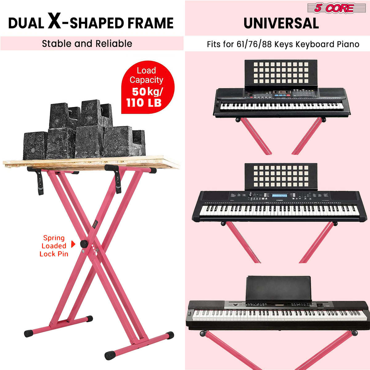 5 Core Keyboard Stand Digital Piano Riser Adjustable X Style Heavy Duty Electric Key Board Casio Synth Holder Foldable Portable Fits 54 61 88 Keys - KS 2X