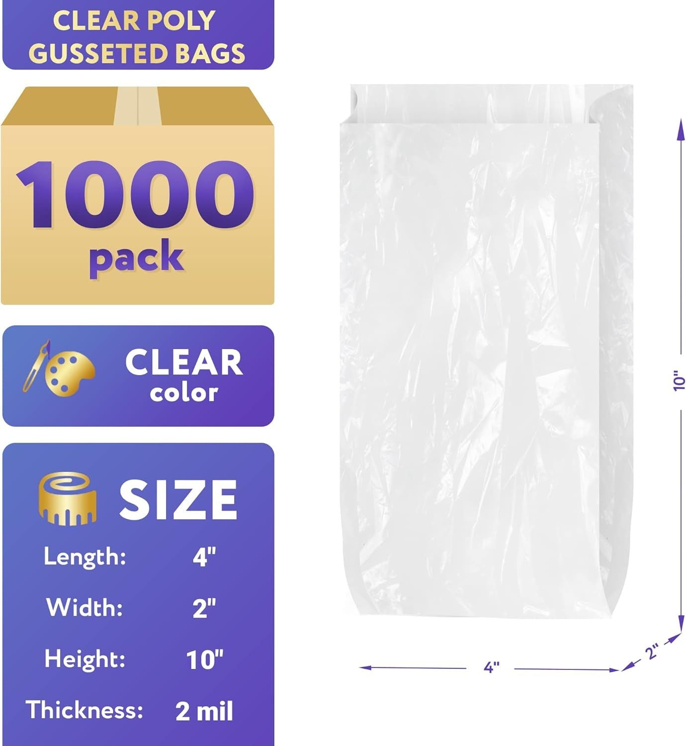 Pack of 1000 Gusseted Poly Bags 4 x 2 x 10. Clear Polyethylene Bags 4x2x10. USDA approved 2 Mil. Expandable Side Gusset Bags. Open Ended bags for Industrial; Food Service; Health Needs.