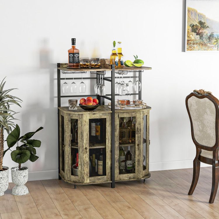 Industrial Corner Bar Cabinet with Glass Holder and Adjustable Shelf