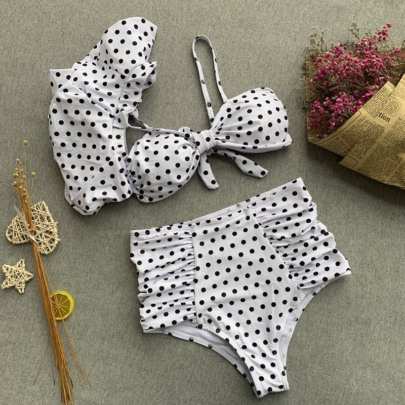 New Ruffled Trumpet Sleeve Bikini Dot Print Swimsuit Ladies High Waist Swimsuit Straps Bikini