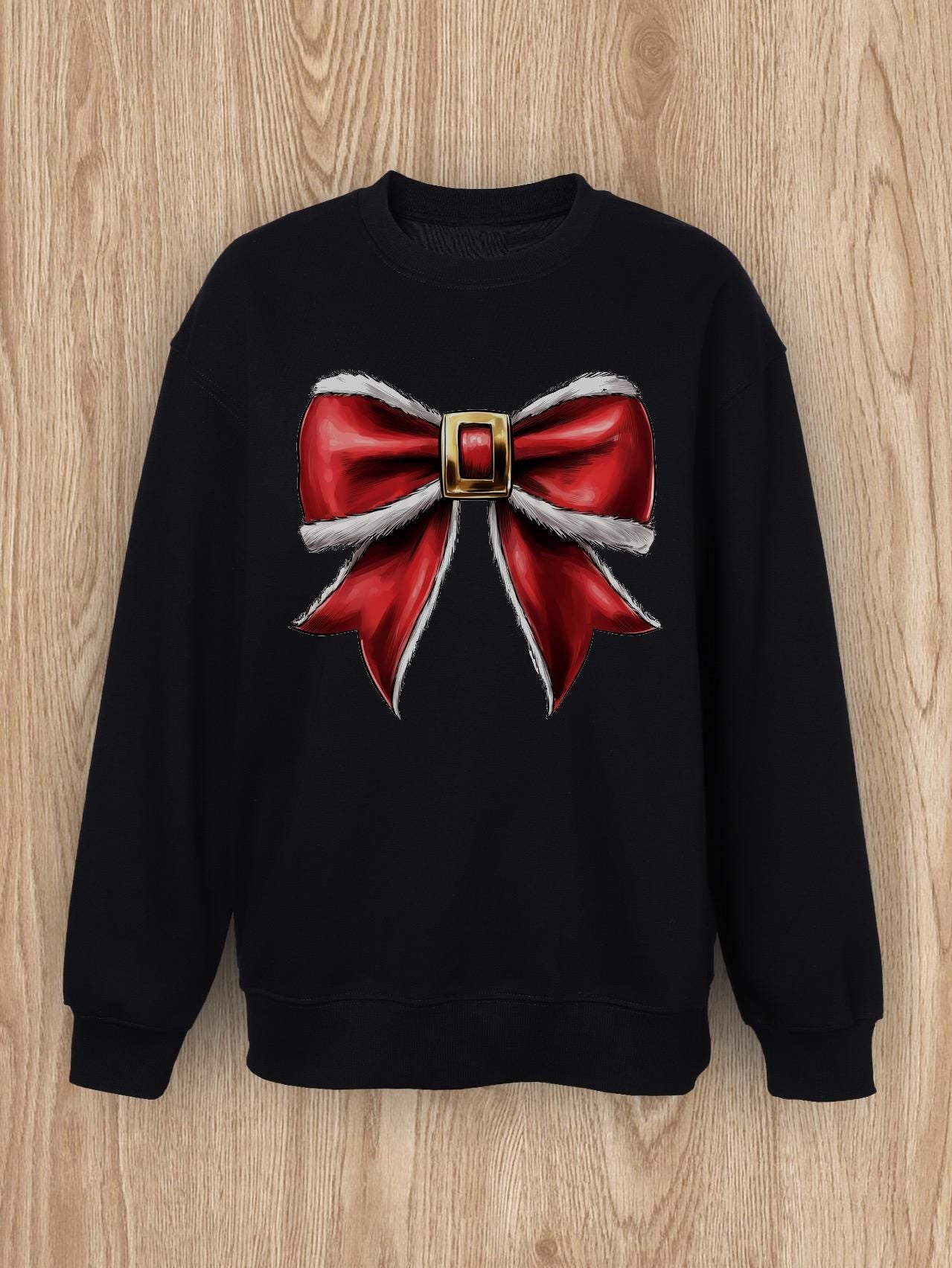 Women Basic Casual Pullover Spring Autumn Long Sleeve Christmas Plush Bow Printed Round Neck