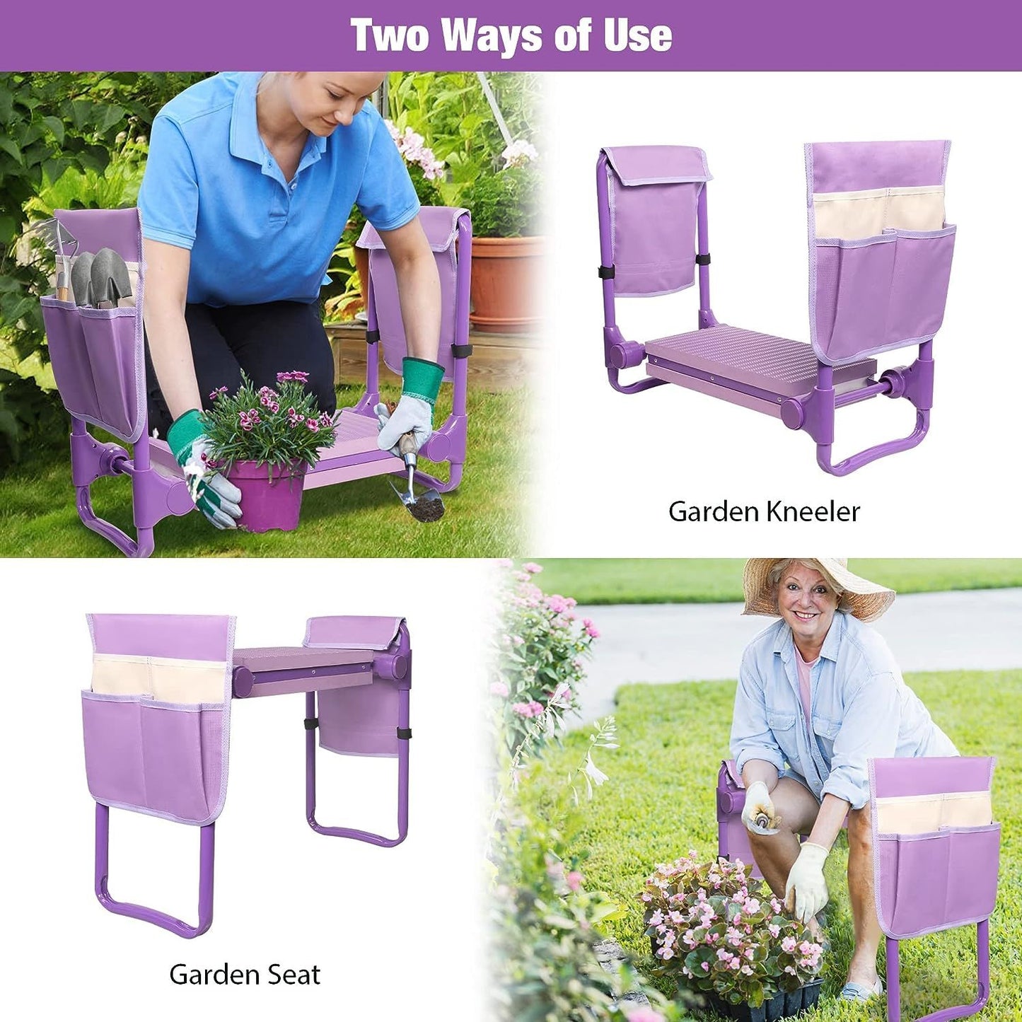 Heavy Duty Widen Garden Kneeler and Seat Bench Folding Garden Workseat with EVA Foam Kneeling Pad and Dual Pouch