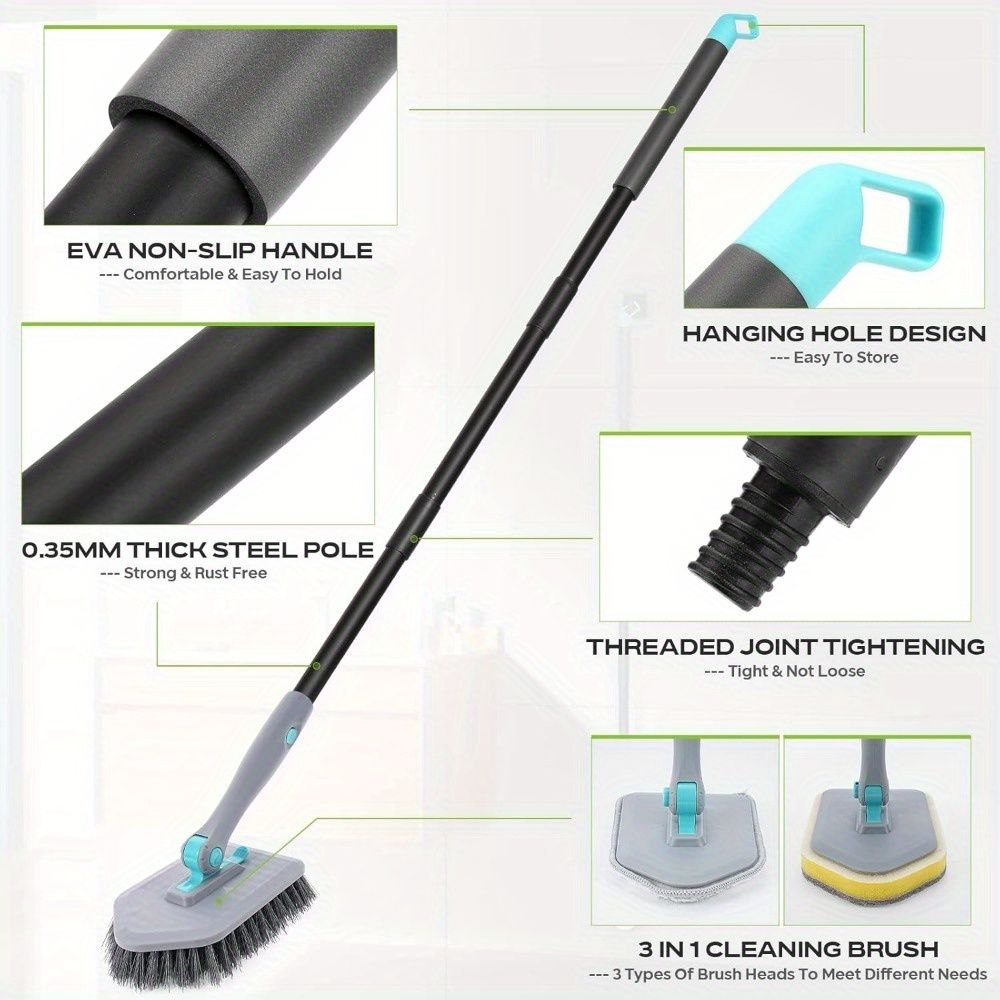 3 in 1 Shower Cleaning Brush - 180° Rotatable Bathroom Cleaning Brush with 50 inch Long Handle, Scrubber Brush Cleaner Tool for Shower Bathtub Tile Wall Floor Cleaning (Include 4 Brush Heads)