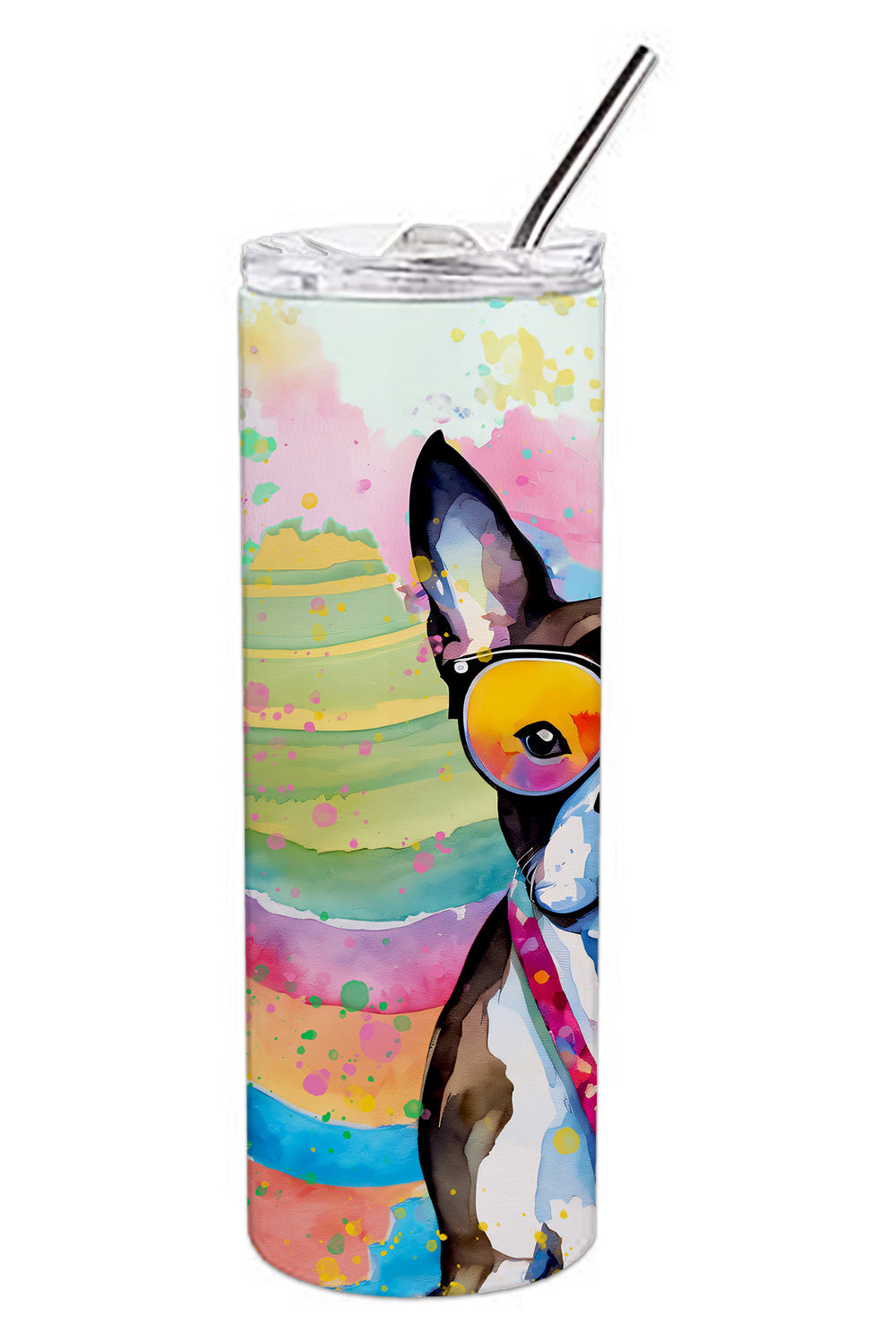 Boston Terrier Hippie Dawg Stainless Steel Skinny Tumbler Vacuum Double Walled Reusable Insulated Tumbler Travel Cup for Coffee Cocktails Gift with Lid, 20 oz