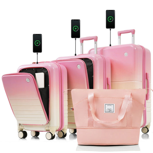 Luggage Set of 4 with USB Port, 20, 24inch with front opening design Airline Certified Carry on Luggage with Cup Holder, ABS+PC Hard Shell Luggage with Expandable Travel Bag, pink