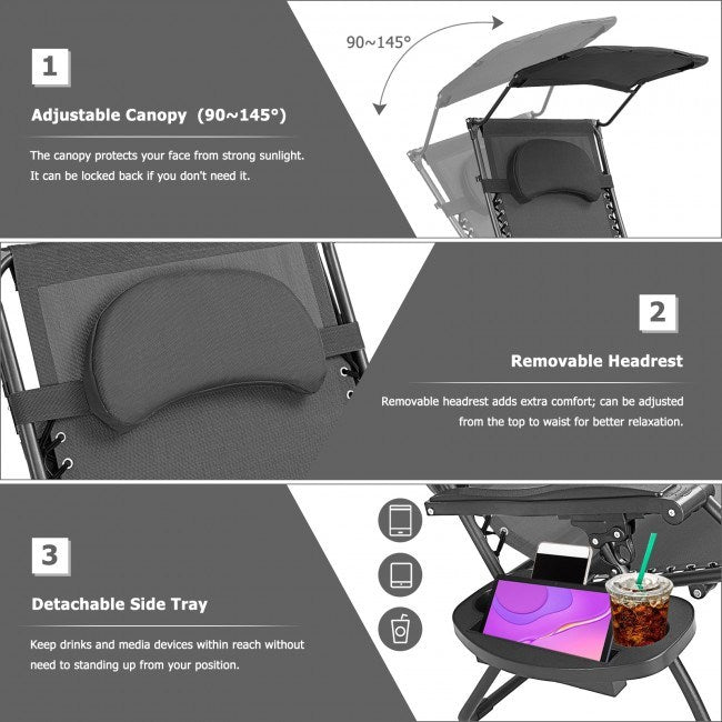 Folding Recliner Lounge Chair with Shade Canopy Cup Holder