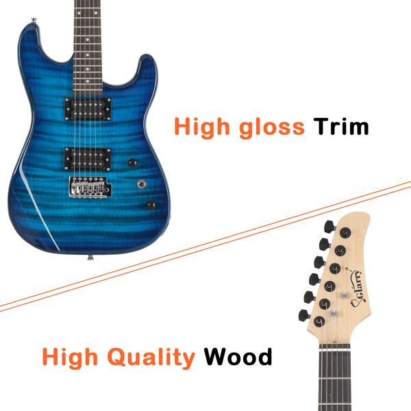 [Do Not Sell on Amazon] Glarry GST Stylish H-H Pickup Tiger Stripe Electric Guitar Kit with 20W AMP Bag Guitar Strap Blue