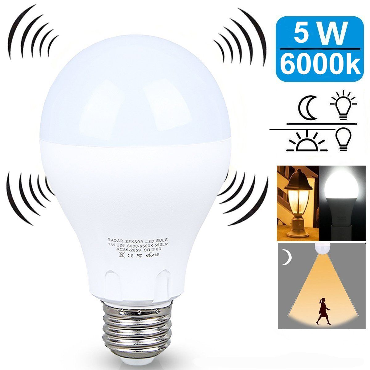 LED LIGHT BULB W/ RADAR MOTION SENSOR 180 Deg 5w/50 Watts