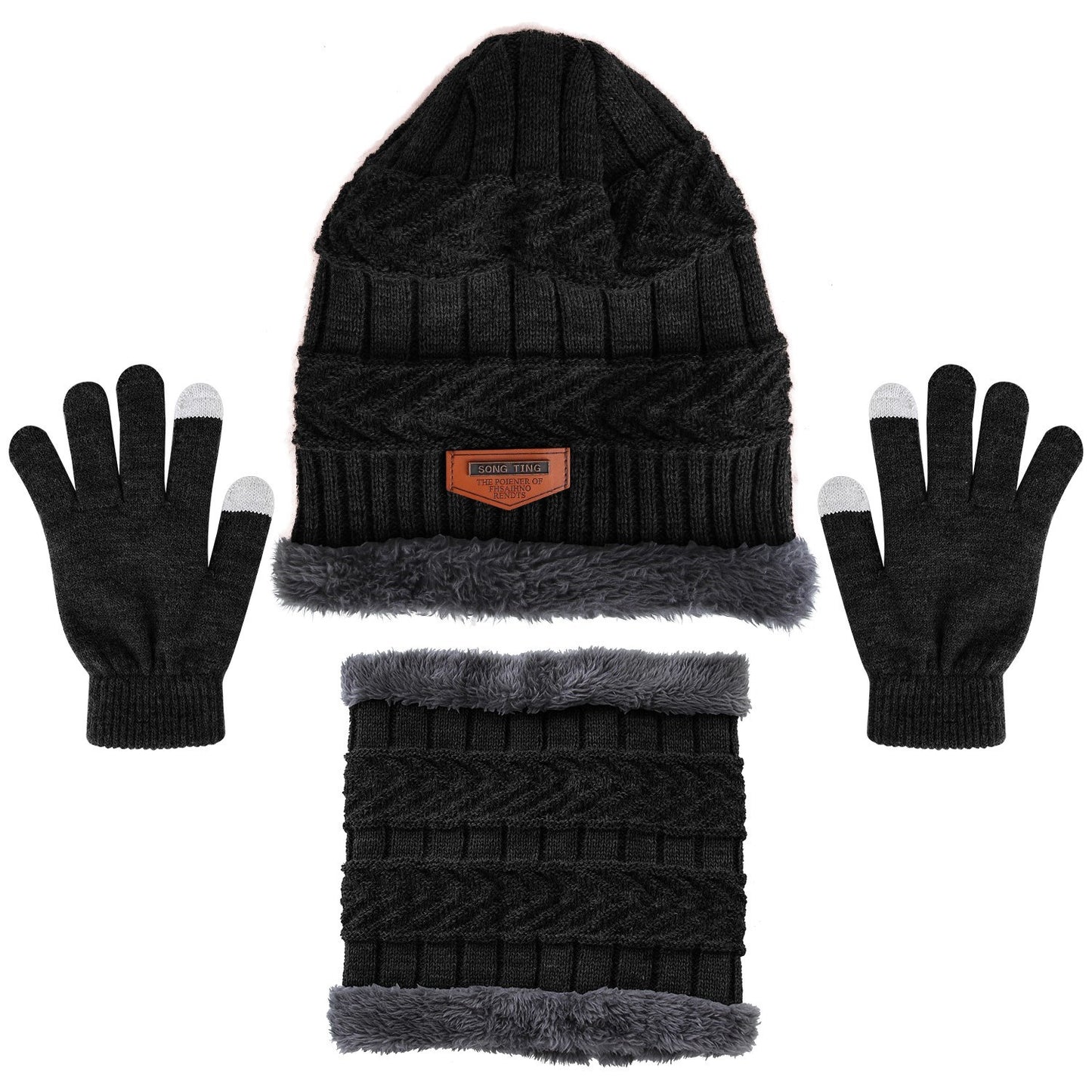 Winter Knitted Hat Scarf Gloves 3Pcs Winter Warm Beanie and Touch Screen Gloves Scarf Set Knit Beanie Skull Cap Neck Warmer Mittens for Men Women