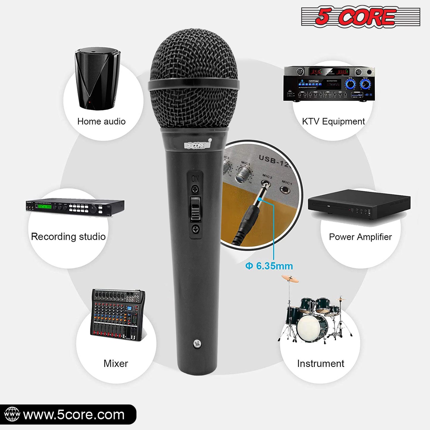 5 Core Microphone Pair XLR Dynamic Mic Karaoke Singing Handheld Microfono Wired Professional Unidirectional 1/4 Plug In Cord Connection for Vocal DJ Music - PM 1O1 BLK