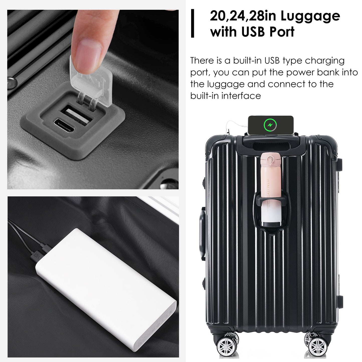 1pc 20in Aluminum Frame Luggage with USB port, Vacation Carry-On Suitcase with Spinner Wheels and TSA Lock, Travel Trolley Case For Short Business Trips, Beach Holidays, black