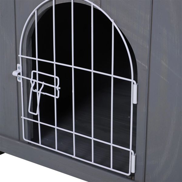 Grey 2-Level Wooden Cat House with Lockable Wire Door