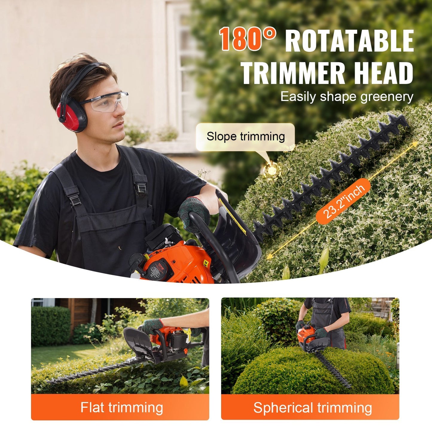 VEVOR 23.2-inch 26CC 2 Cycle Gas Hedge Trimmer, Gas Powered Handheld Hedge Trimmer with Dual Sided Dual Action Blade, 180° Adjustable Trimmer Head, Suitable for Trimming Shrubs, Low Bushes