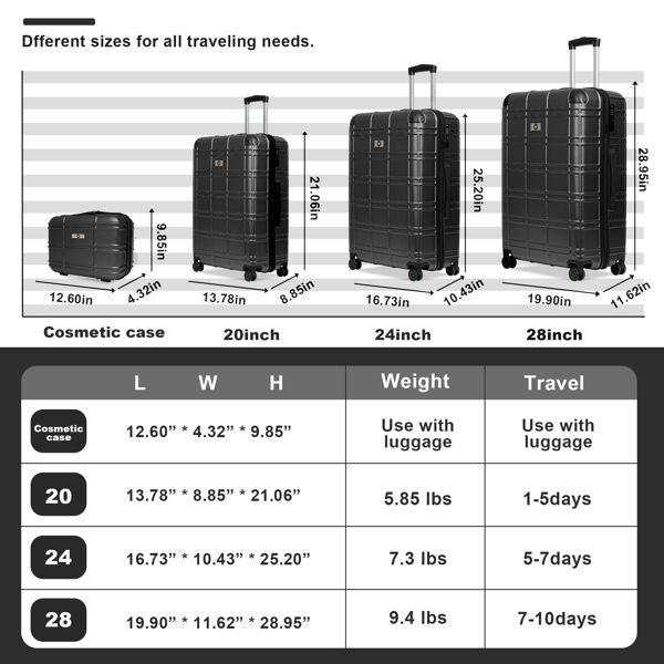 Luggage Sets ABS+PC Hardshell 4pcs Luggage Hardside Lightweight Durable Suitcase sets Spinner Wheels Suitcase with TSA Lock (12/20/24/28),black