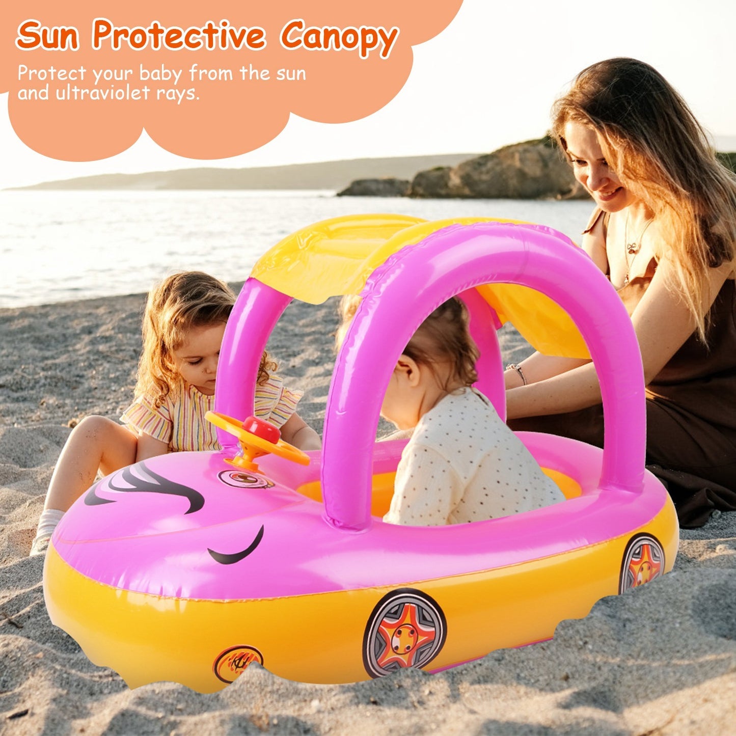 Baby Inflatable Pool Float Car Shaped Toddler Swimming Float Boat Pool Toy Infant Swim Ring Pool with Sun Protection Canopy for 1-3 Year-Old Kids Infant Toddlers