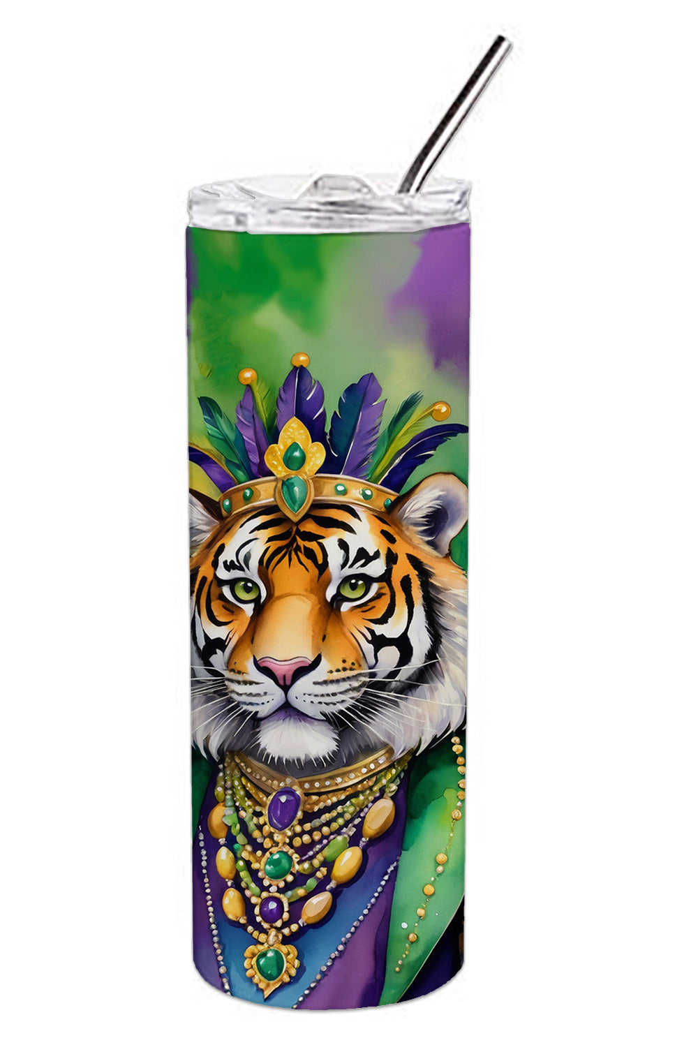 Tiger the King of Mardi Gras Stainless Steel Skinny Tumbler Vacuum Double Walled Reusable Insulated Tumbler Travel Cup for Coffee Cocktails Gift with Lid, 20 oz