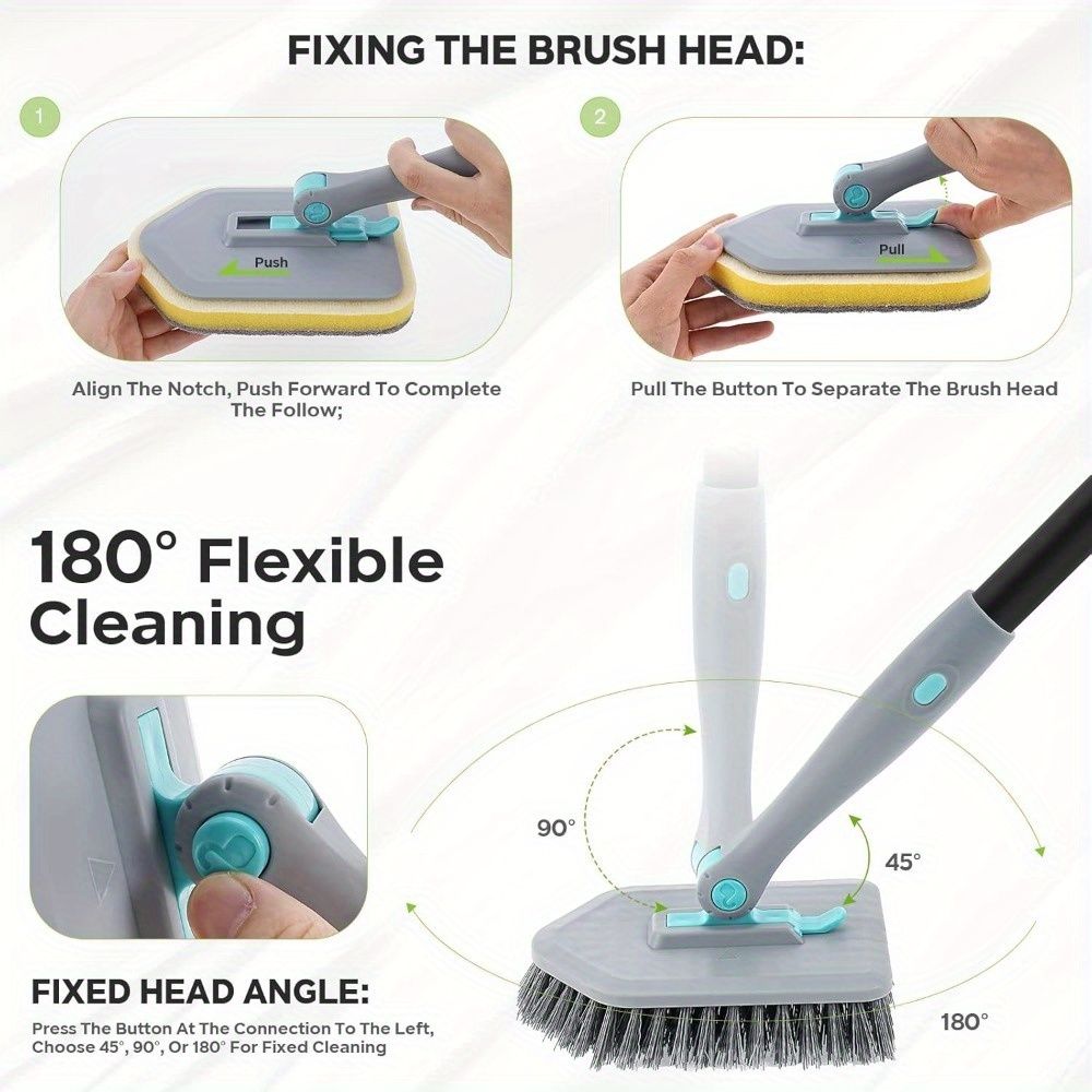 3 in 1 Shower Cleaning Brush - 180° Rotatable Bathroom Cleaning Brush with 50 inch Long Handle, Scrubber Brush Cleaner Tool for Shower Bathtub Tile Wall Floor Cleaning (Include 4 Brush Heads)