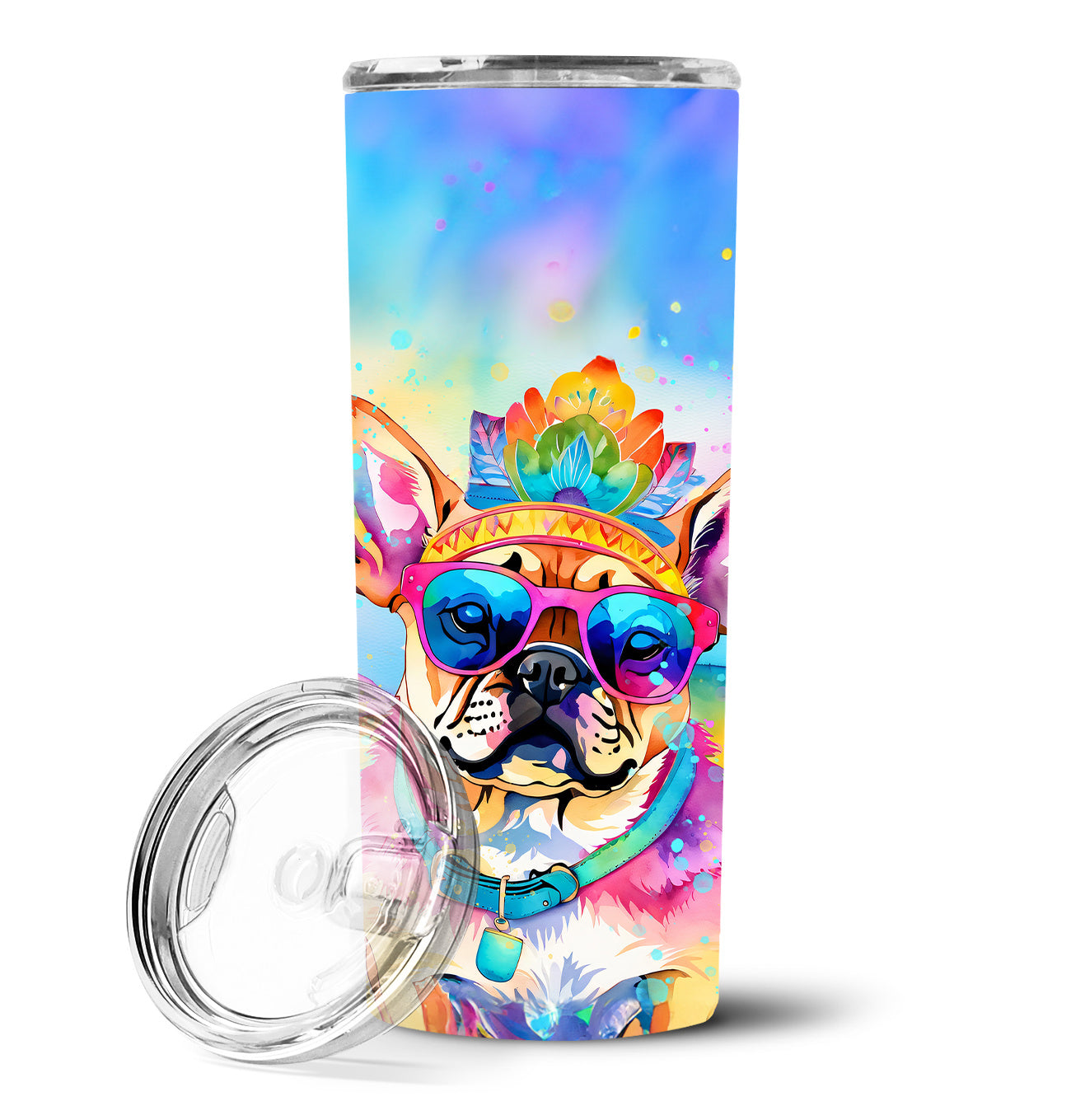 Pug Hippie Dawg Stainless Steel Skinny Tumbler Vacuum Double Walled Reusable Insulated Tumbler Travel Cup for Coffee Cocktails Gift with Lid, 20 oz