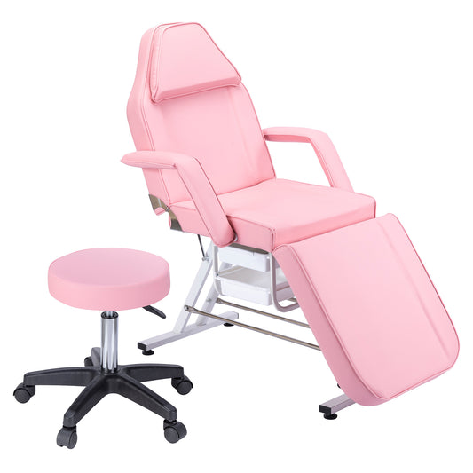 Massage Salon Tattoo Chair with Two Trays Esthetician Bed with Hydraulic Stool,Multi-Purpose 3-Section Facial Bed Table, Adjustable Beauty Barber Spa Beauty Equipment, Pink