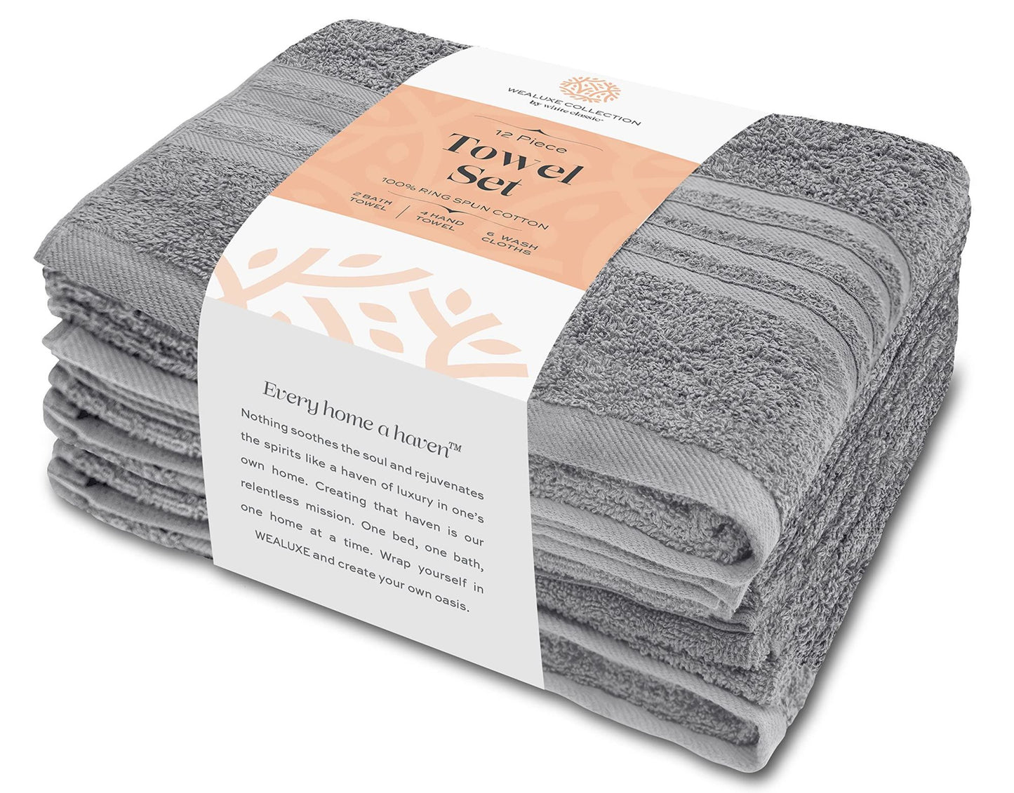 12 Piece Bath Towel Set for Bathroom Wealuxe Collection 2 Bath Towels 4 Hand Towels 6 Washcloths 100% Cotton Soft and Plush Highly Absorbent Soft Towel for Hotel & Spa Light Gray