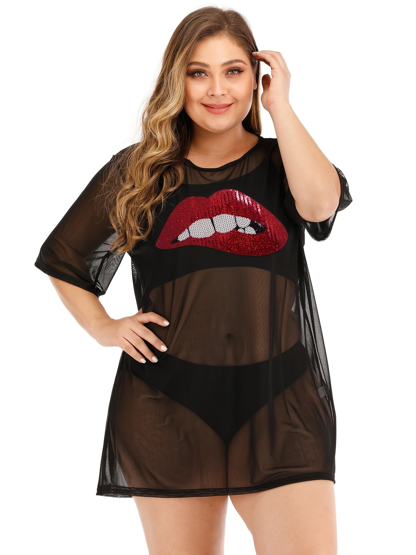 Plus Size Sequin Lip Print Semi Sheer Cover Ups; Women's Plus Sexy Slight Stretch Cover Ups