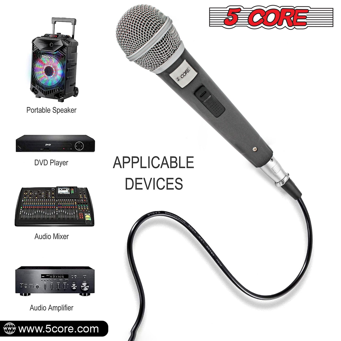 5 Core Microphone XLR Dynamic Mic Karaoke Singing Handheld Microfono Wired Professional Unidirectional 1/4 Plug In Cord Connection for Vocal DJ Music - PM 18