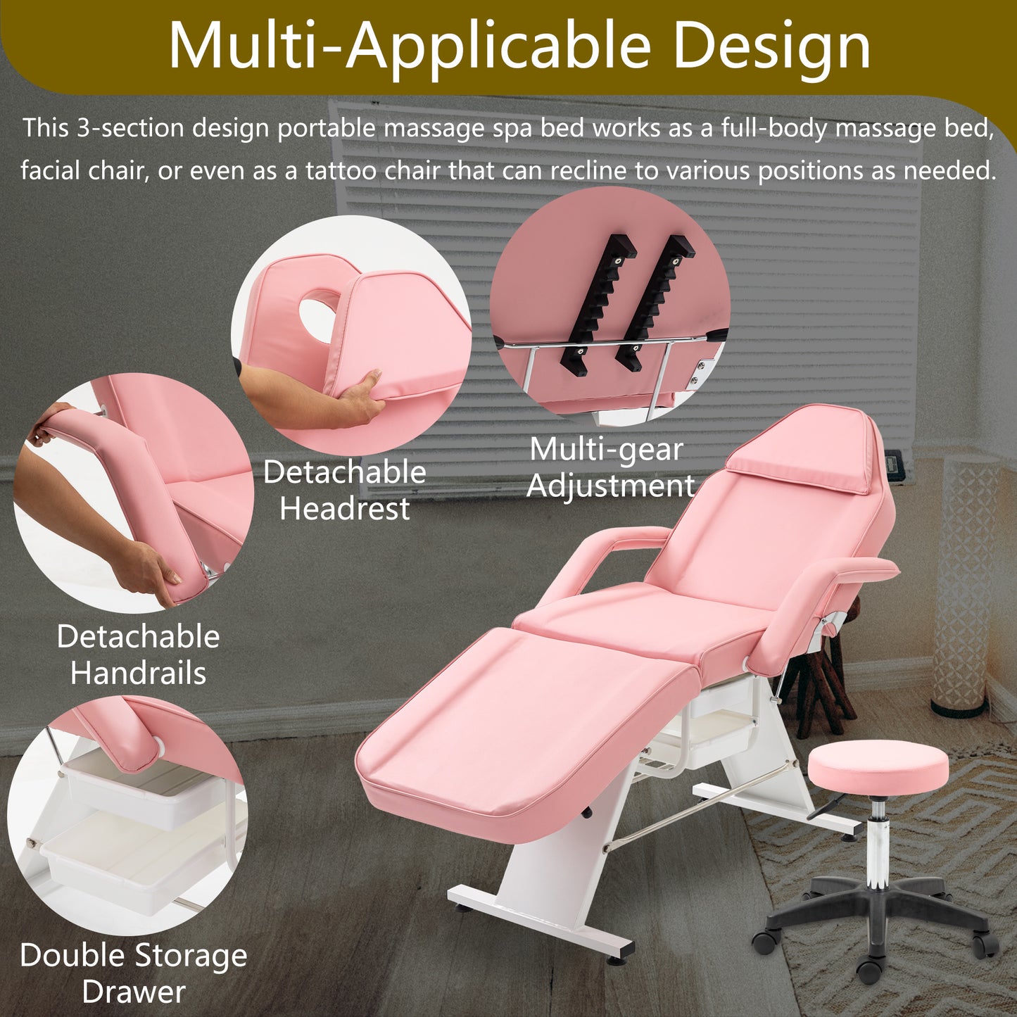 Massage Salon Tattoo Chair with Two Trays Esthetician Bed with Hydraulic Stool,Multi-Purpose 3-Section Facial Bed Table, Adjustable Beauty Barber Spa Beauty Equipment, Pink