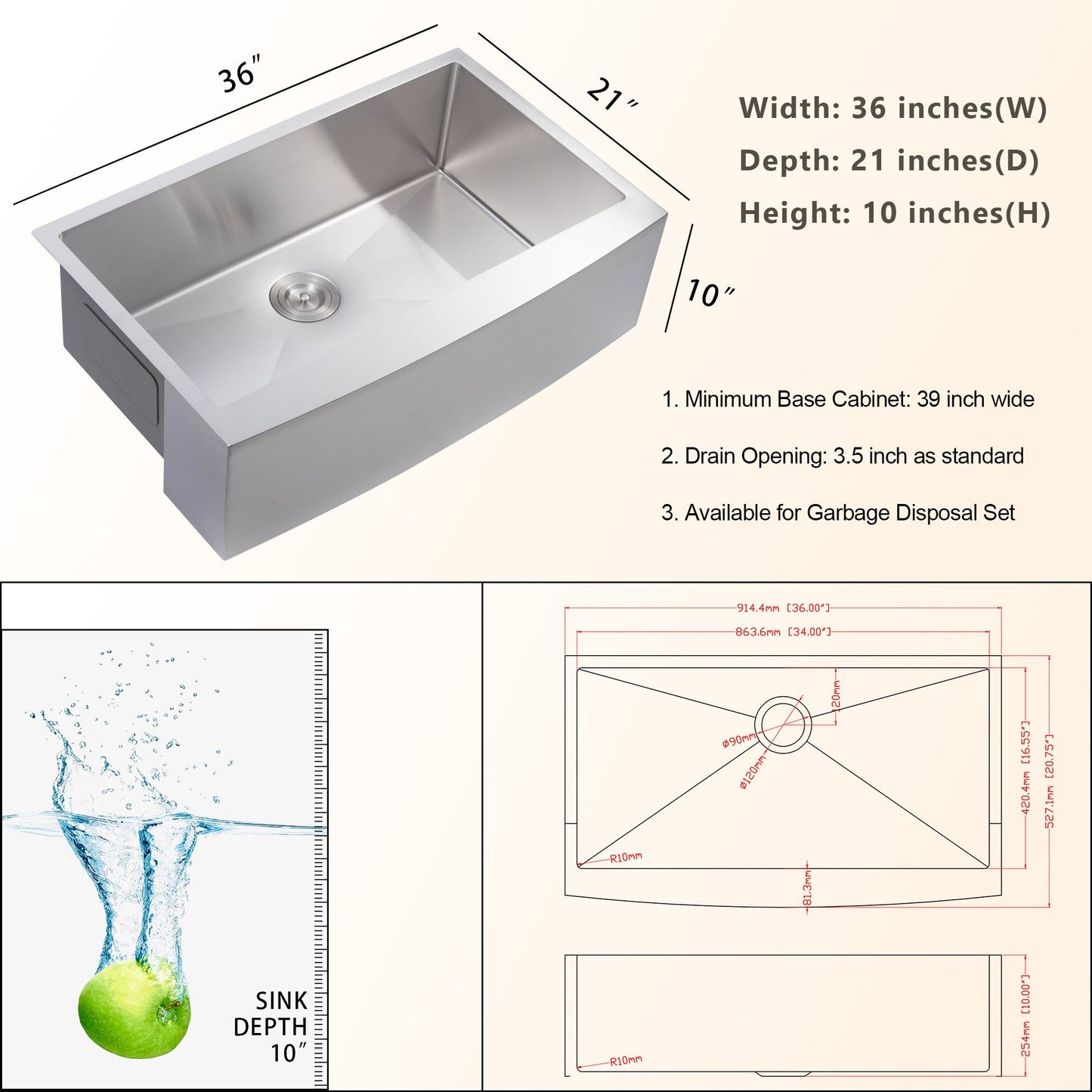 Lordear Farmhouse Sink Apron Front 16 Gauge Stainless Steel Single Bowl Farm Kitchen Sink